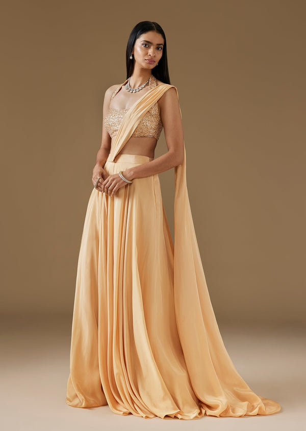 Light Yellow Ready Pleated Saree With Halter Blouse