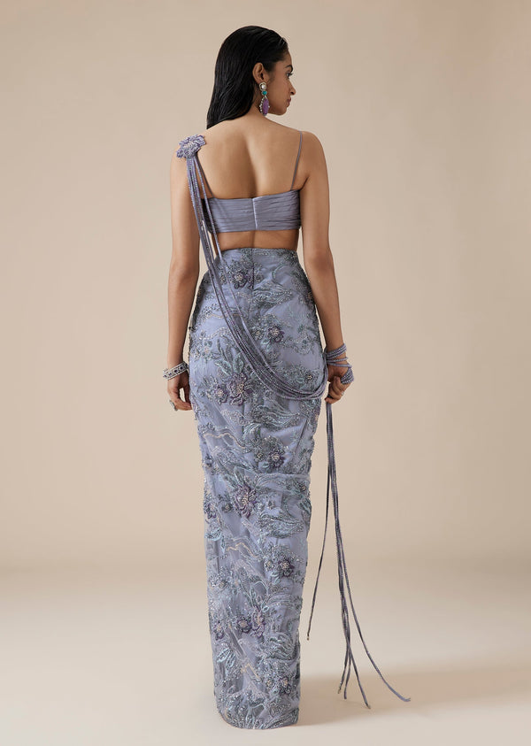 Lilac Crystal Pallu Ready Pleated Saree With Front Slit