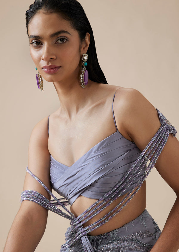 Lilac Crystal Pallu Ready Pleated Saree With Front Slit
