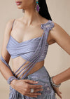 Lilac Crystal Pallu Ready Pleated Saree With Front Slit