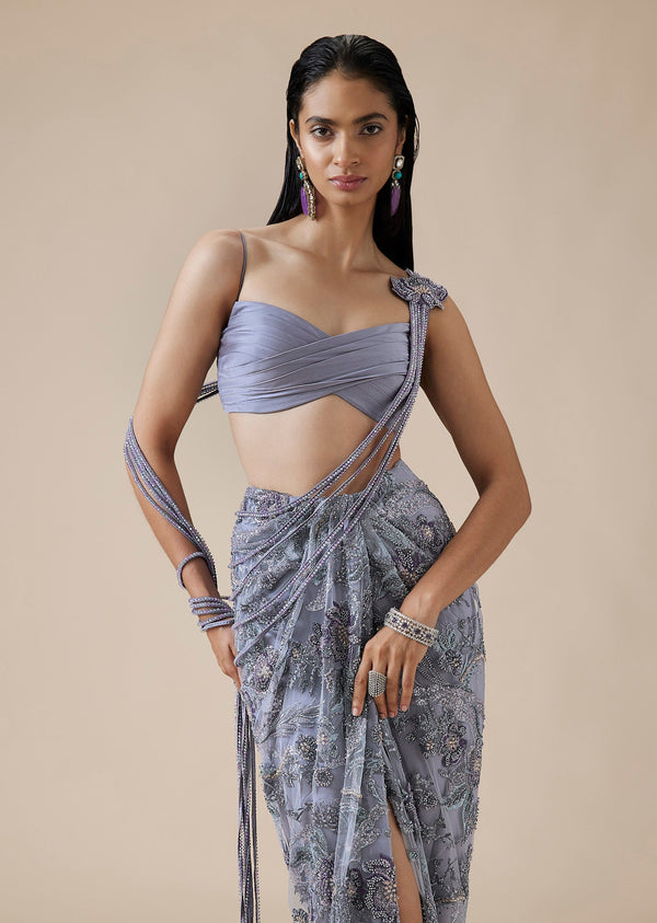 Lilac Crystal Pallu Ready Pleated Saree With Front Slit