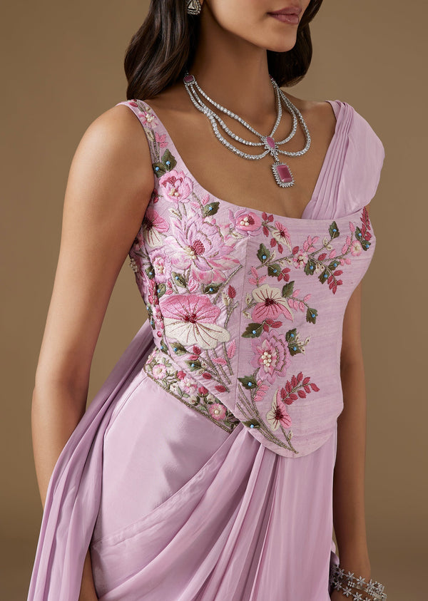 Lilac Ready Pleated Crepe Saree With Embellished Blouse