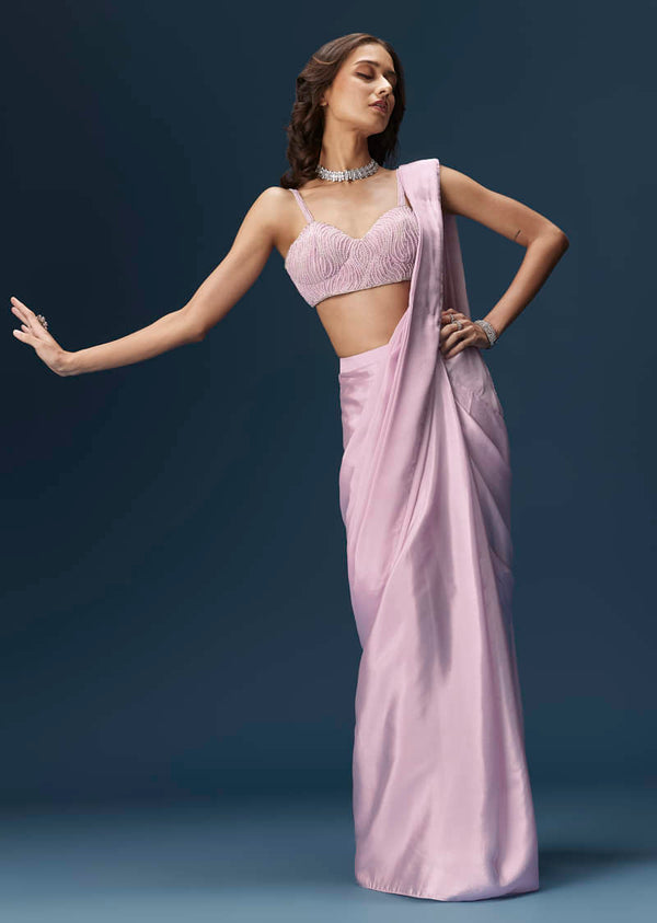 Lilac Ready Pleated Saree With Embellished Blouse And Belt