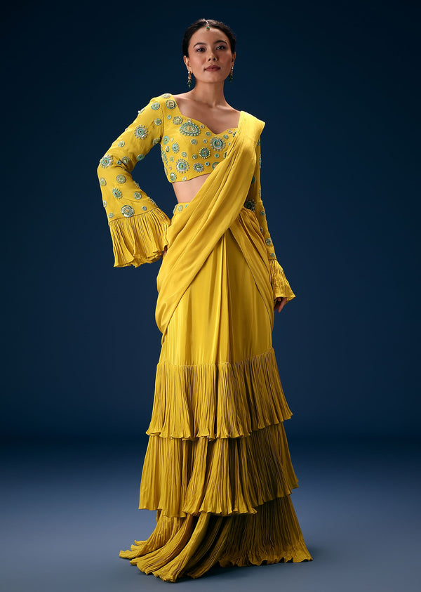 Lime Green Embroidered Blouse With Pre Stitched Saree