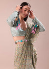 Lime Green Printed Frill Saree With Embroidered Blouse