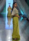 Citrus Green Pre Stitched Crepe Saree with Net Cape and V-Neck Crop Top
