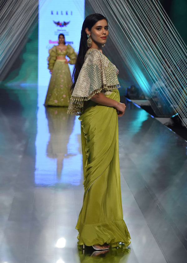 Citrus Green Pre Stitched Crepe Saree with Net Cape and V-Neck Crop Top