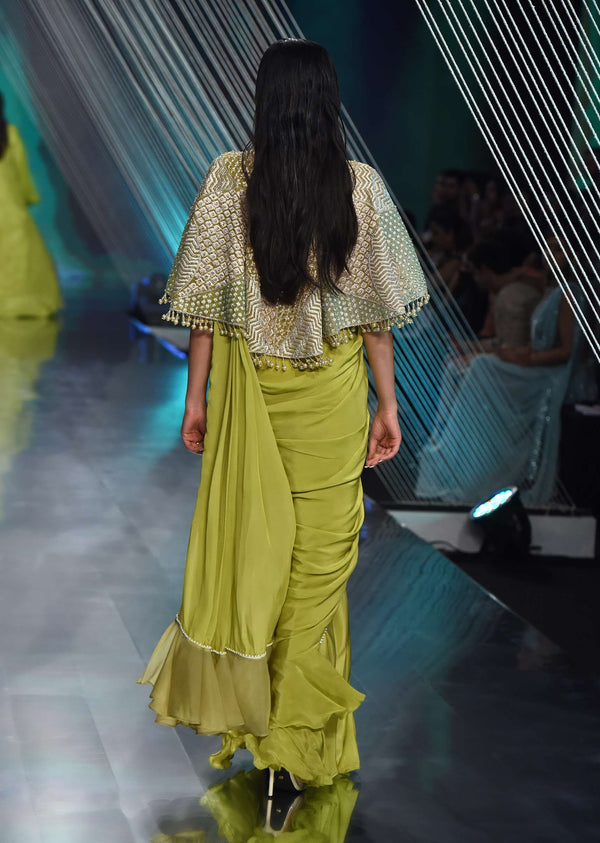 Citrus Green Pre Stitched Crepe Saree with Net Cape and V-Neck Crop Top