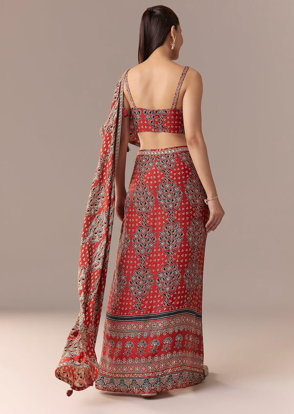 Maroon Ajrakh Pre Draped Saree Set With Mirror Work Blouse