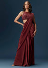 Maroon Ready Pleated Saree With High Neck Blouse