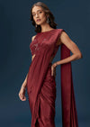 Maroon Ready Pleated Saree With High Neck Blouse