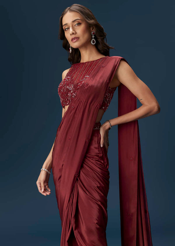 Maroon Ready Pleated Saree With High Neck Blouse