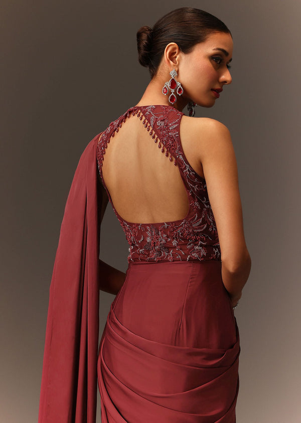 Masala Maroon Net Satin Draped Saree With Hand Embroidered Blouse