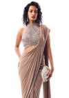 Mauve Pre Draped Saree Set With Embellished High Neck Blouse