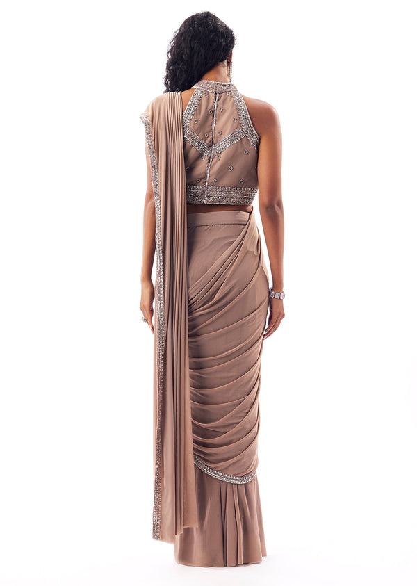 Mauve Pre Draped Saree Set With Embellished High Neck Blouse