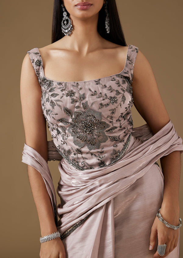 Mauve Ready Pleated Saree With Sequined Corset Blouse