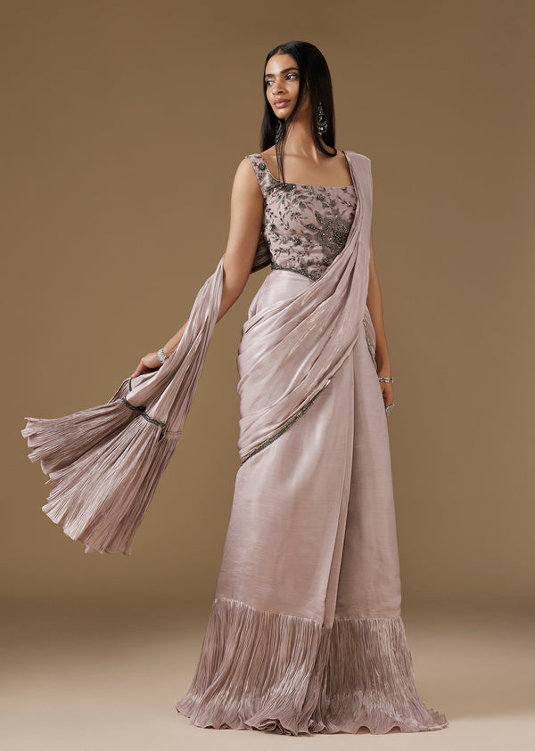 Mauve Ready Pleated Saree With Sequined Corset Blouse