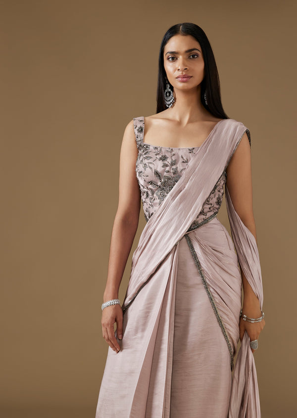 Mauve Ready Pleated Saree With Sequined Corset Blouse