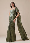 Metallic Green Ready Pleated Saree With Floral Corset Blouse