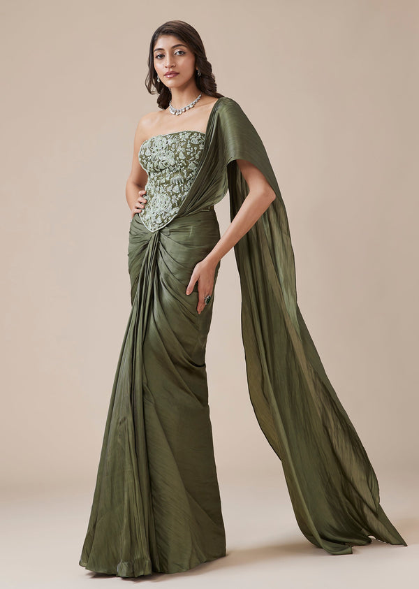 Metallic Green Ready Pleated Saree With Floral Corset Blouse