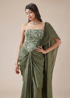 Metallic Green Ready Pleated Saree With Floral Corset Blouse