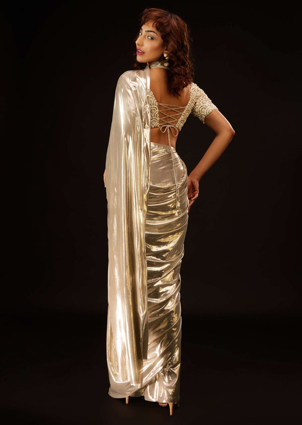 Metallic Gold Pre-Pleated Saree In Lycra With An Embroidered Blouse - DEME X KALKI