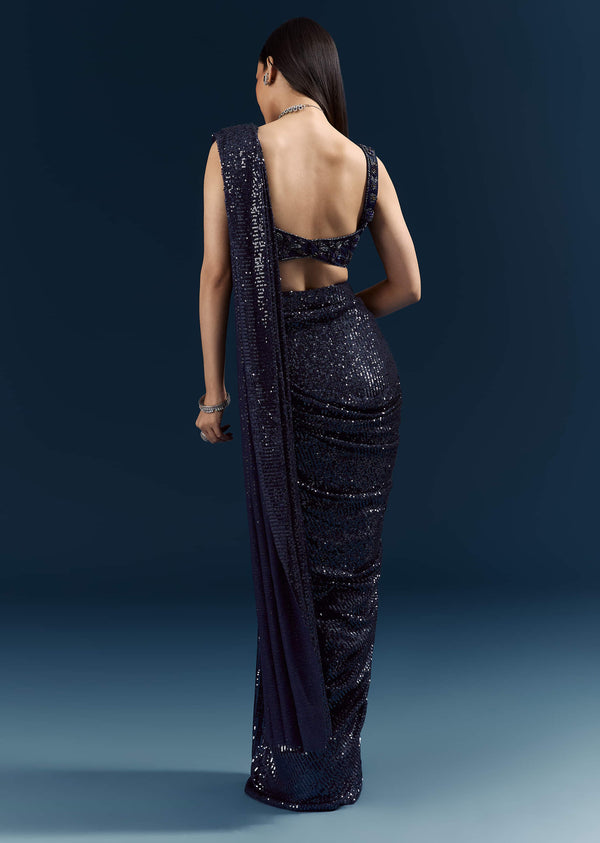 Midnight Blue Imported Sequins And Net Ready Pleated Saree With Embroidery
