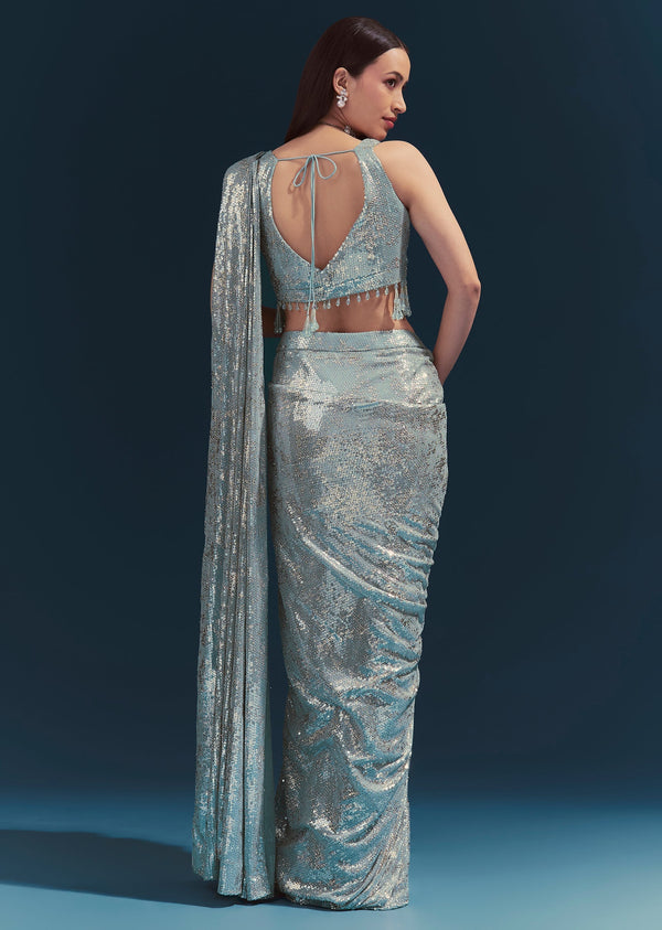 Mint Blue Ready Pleated Saree Set