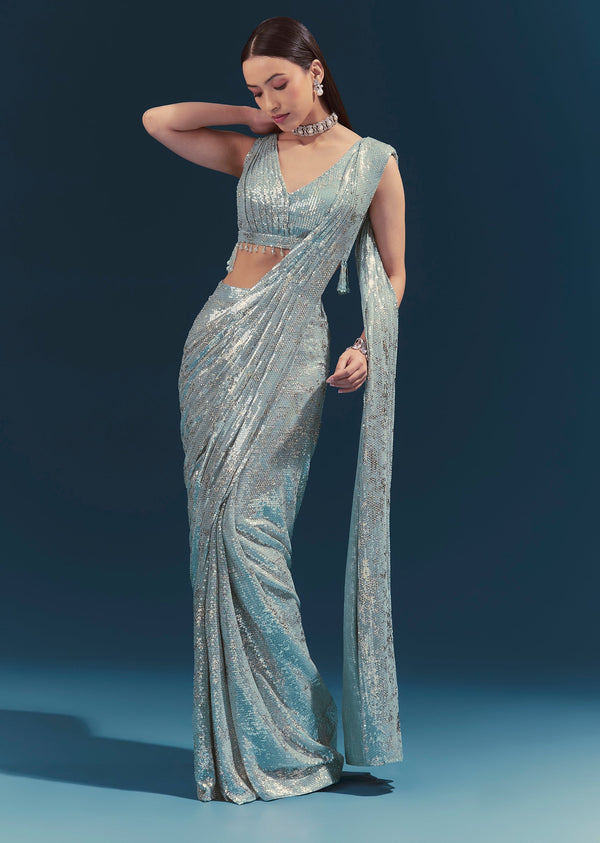 Mint Blue Ready Pleated Saree Set