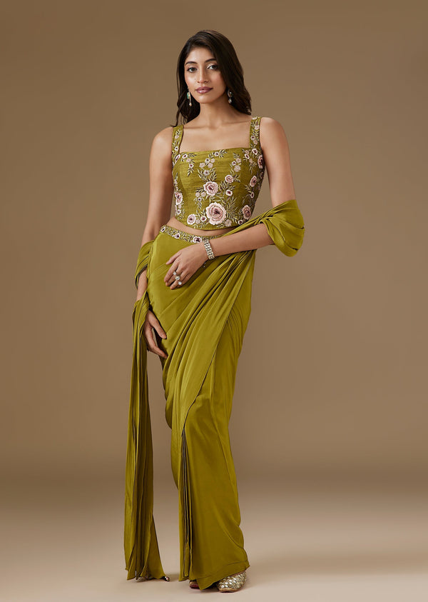 Moss Green Ready Pleated Saree With Embellished Blouse