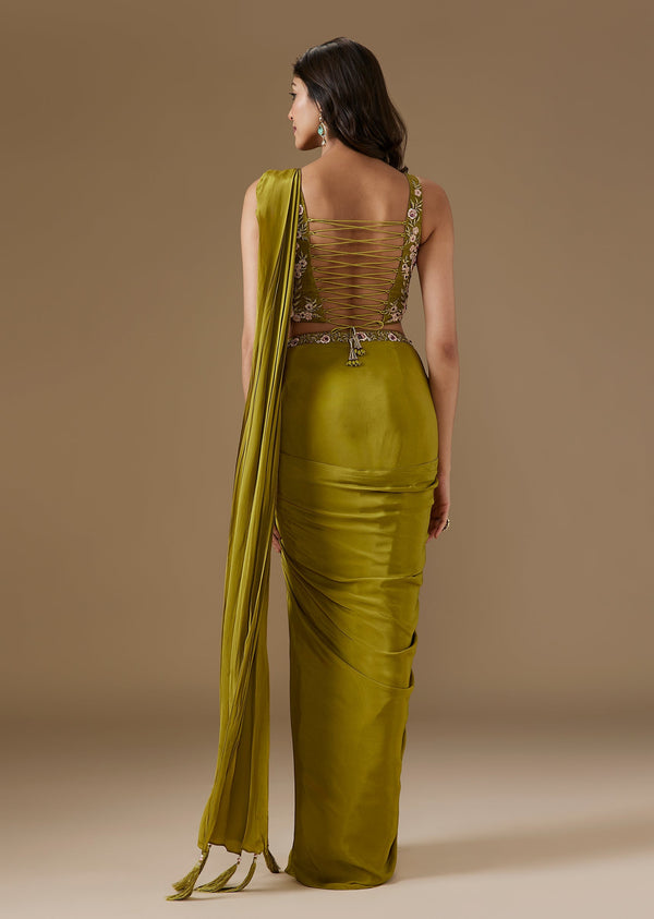 Moss Green Ready Pleated Saree With Embellished Blouse