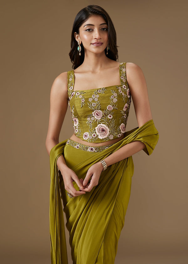 Moss Green Ready Pleated Saree With Embellished Blouse