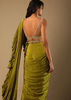 Moss Green Readymade Ruffle Saree In Crepe With Multi Colored Hand Embroidered Floral Blouse
