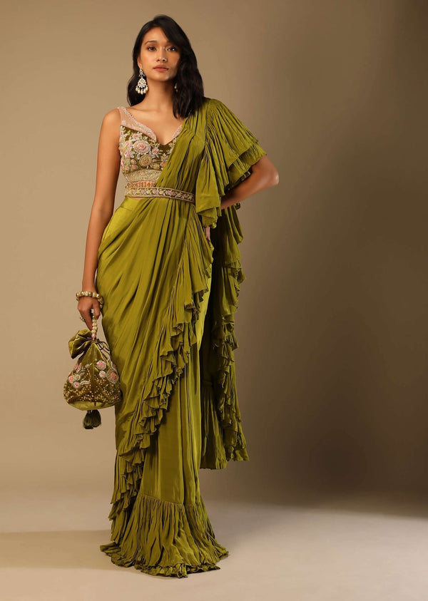 Moss Green Readymade Ruffle Saree In Crepe With Multi Colored Hand Embroidered Floral Blouse