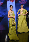 Moss Green Readymade Ruffle Saree In Crepe With Multi Colored Hand Embroidered Floral Blouse