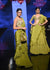 Moss Green Readymade Ruffle Saree In Crepe With Multi Colored Hand Embroidered Floral Blouse