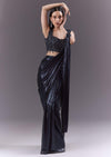 Navy Blue Imported Fabric Ready Pleated Saree With Heavy Embroidery