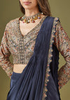 Navy Blue Printed Ready Pleated Saree With Embellished Blouse