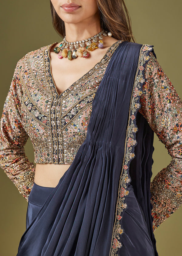 Navy Blue Printed Ready Pleated Saree With Embellished Blouse
