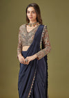 Navy Blue Printed Ready Pleated Saree With Embellished Blouse