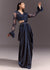 Navy Blue Satin Pleated Saree With Full Sleeve V Neck Blouse