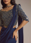 Navy Blue Lycra Ready Pleated Saree With Cutdana Work