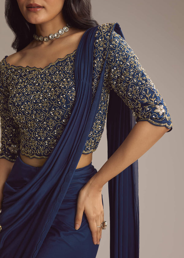 Navy Blue Lycra Ready Pleated Saree With Cutdana Work