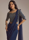 Navy Blue Lycra Ready Pleated Saree With Cutdana Work
