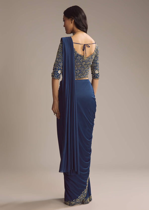 Navy Blue Lycra Ready Pleated Saree With Cutdana Work