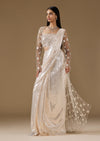 Off-White Ready Pleated Saree With Designer Embellished Blouse