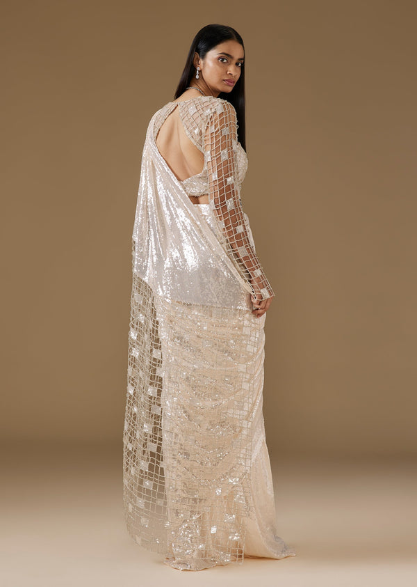Off-White Ready Pleated Saree With Designer Embellished Blouse