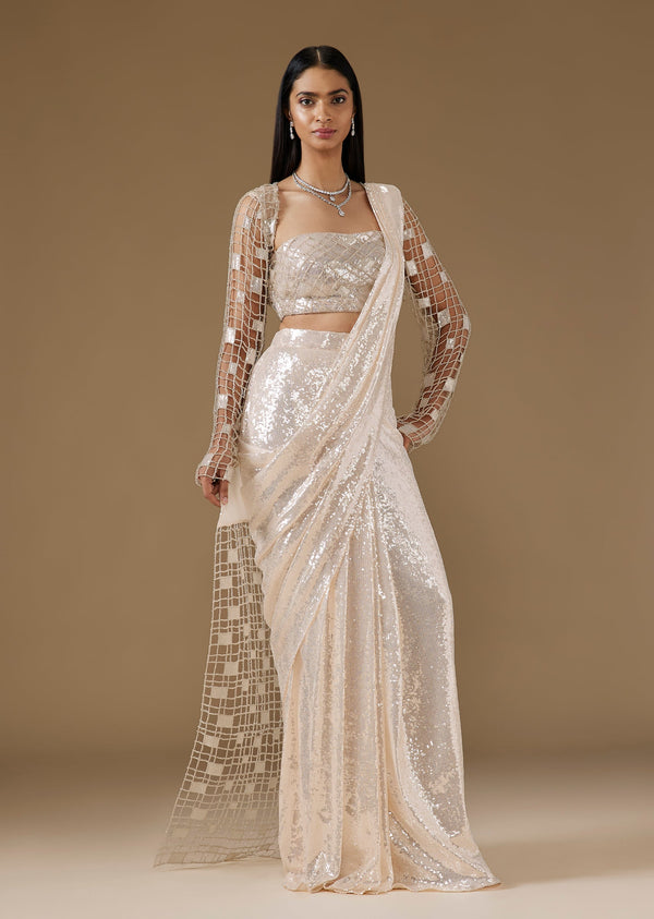 Off-White Ready Pleated Saree With Designer Embellished Blouse
