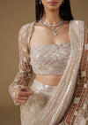 Off-White Ready Pleated Saree With Designer Embellished Blouse