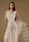 Off-White Ready Pleated Saree With Designer Embellished Blouse